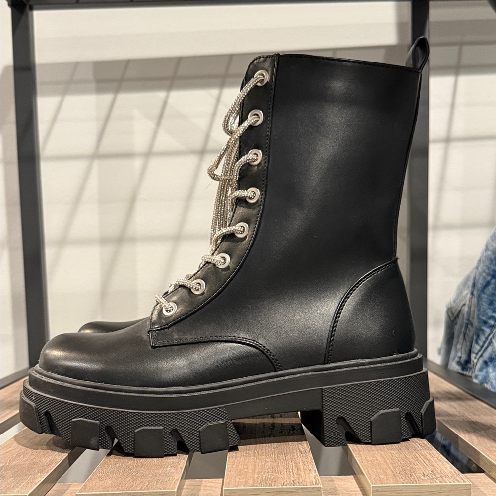 Cape Robbin Black Combat Boots with Bling laces and and tongue